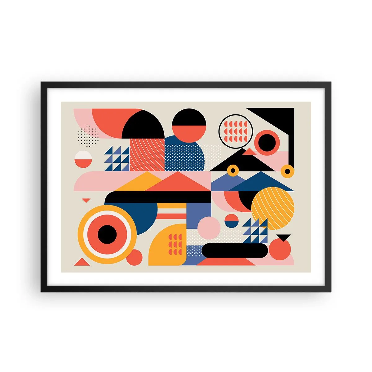 Poster in einem schwarzem Rahmen - Bunte geometrische Formen im Retro-Stil - 70x50cm - Komposition: Na, los, spiel! - Moderne Wanddekoration für Wohnzimmer und Schlafzimmer ARTTOR