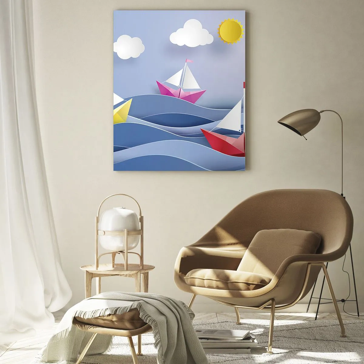 Glasbild - Bild auf glas - Bunte Segelboote auf den Wellen an einem sonnigen Tag - 70x100cm - Ach, wie schön ist es, in den Wellen zu schwingen - Moderne Wanddekoration für Wohnzimmer und Schlafzimmer ARTTOR