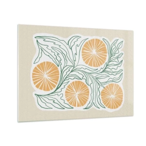 Glasbild - Bild auf glas - Orangefarbene Früchte und grüne Blätter in einer grafischen Komposition - 70x50cm - Ethnisch mit einem Hauch von Abstraktion - Moderne Wanddekoration für Wohnzimmer und Schlafzimmer ARTTOR