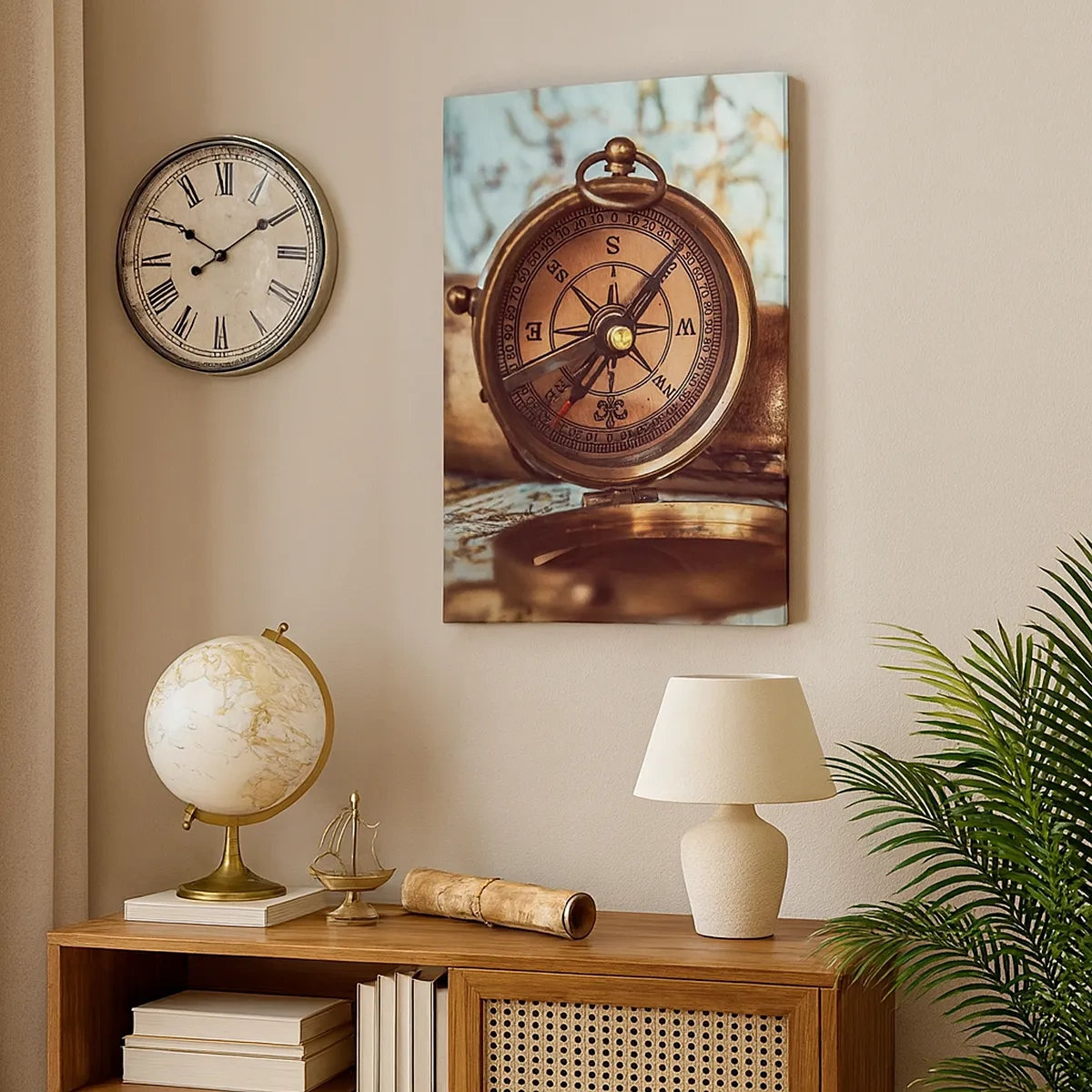 Bild auf Leinwand - Leinwandbild - Ein Retro-Set mit Kompass, Teleskop und Karte im Reisethema - 50x70cm - Ein Piratenabenteuer in der Karibik wartet - Moderne Wanddekoration für Wohnzimmer und Schlafzimmer ARTTOR