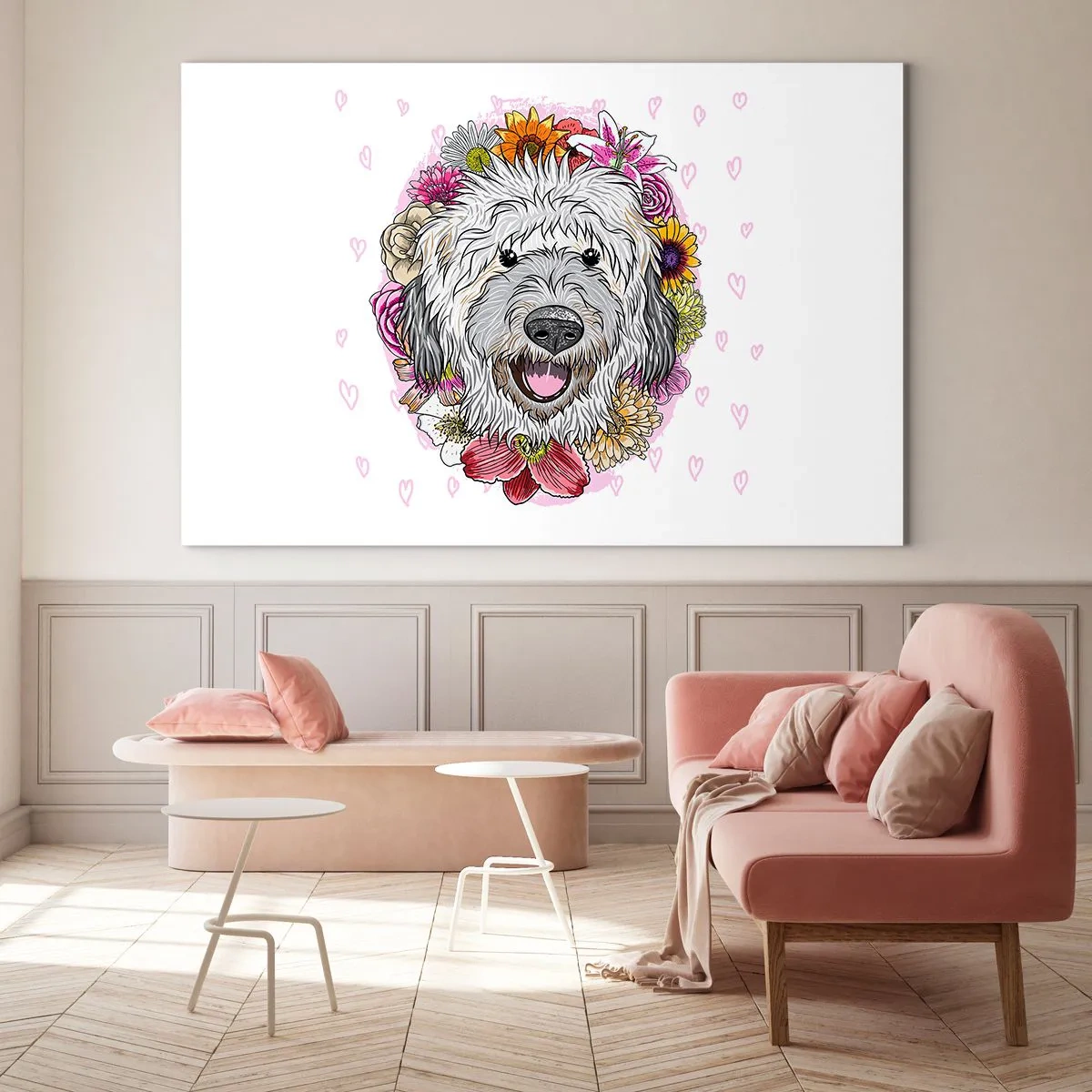 Glasbild - Bild auf glas - Illustration eines Hundes, umgeben von Blumen - 100x70cm - Welpenfreude - Moderne Wanddekoration für Wohnzimmer und Schlafzimmer ARTTOR