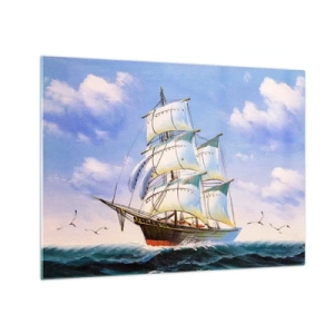 Glasbild - Bild auf glas - Ein Segelschiff auf hoher See unter blauem Himmel - 70x50cm - Mit Stolz mit dem Wind - Moderne Wanddekoration für Wohnzimmer und Schlafzimmer ARTTOR