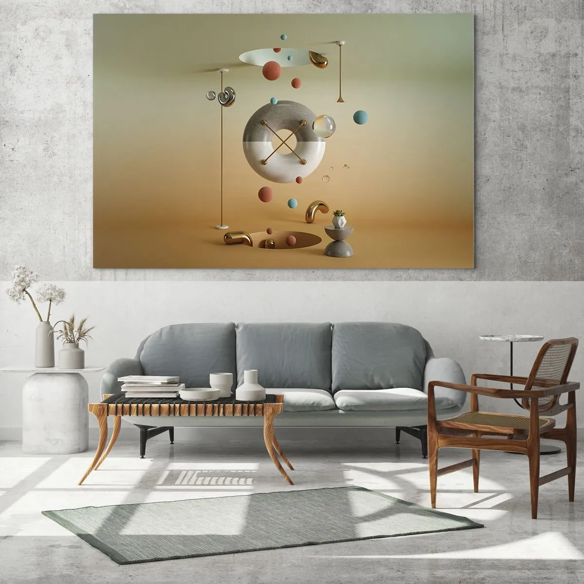 Glasbild - Bild auf glas - Geometrische Figuren in Pastellfarben in einem abstrakten Raum - 70x50cm - Alles kann passieren - Moderne Wanddekoration für Wohnzimmer und Schlafzimmer ARTTOR