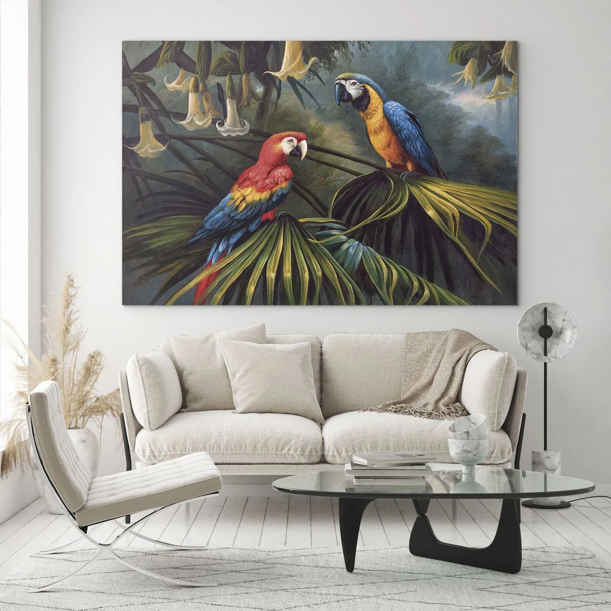 Glasbild - Bild auf glas - Zwei bunte Papageien vor dem Hintergrund eines tropischen Dschungels - 70x50cm - Romantik in den Tropen - Moderne Wanddekoration für Wohnzimmer und Schlafzimmer ARTTOR