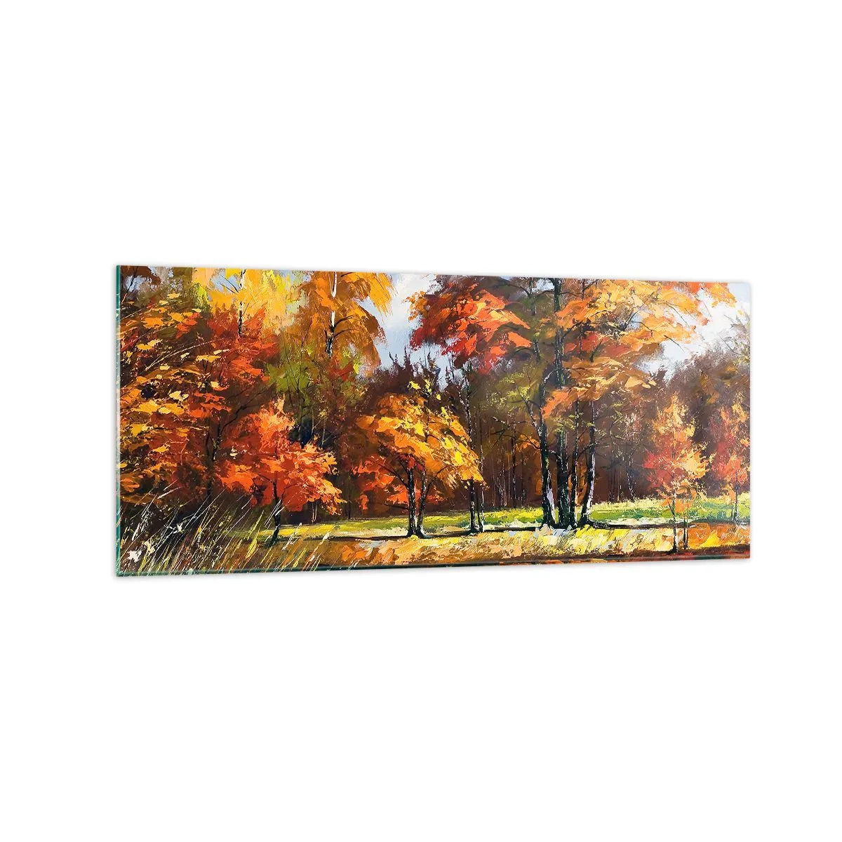 Glasbild - Bild auf glas - Herbstlandschaft mit bunten Bäumen und einem Teich - 120x50cm - Landschaft in Gold und Bronze - Moderne Wanddekoration für Wohnzimmer und Schlafzimmer ARTTOR