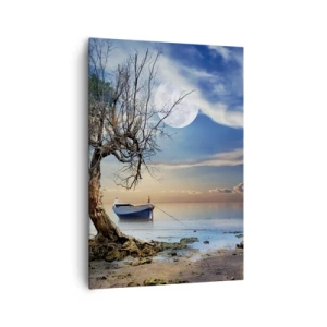 Bild auf Leinwand - Leinwandbild - Ein einsamer Baum und ein Boot auf ruhigem Wasser unter Vollmond. - 70x100cm - Ist das das Ende oder der Anfang? - Moderne Wanddekoration für Wohnzimmer und Schlafzimmer ARTTOR