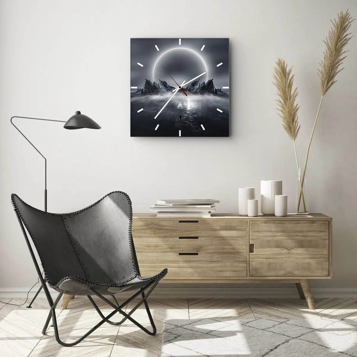Wanduhr - Glasuhr - Mysteriöse Landschaft mit einem Lichtring über den Bergen - 30x30cm - Ende der Geschichte - Moderne Wanddekoration für Wohnzimmer und Schlafzimmer ARTTOR