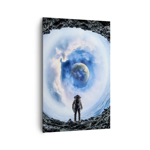 Bild auf Leinwand - Leinwandbild - Astronaut vor einer Weltraumlandschaft mit der Erde im Hintergrund - 80x120cm - Es ist nicht weit von zu Hause - Moderne Wanddekoration für Wohnzimmer und Schlafzimmer ARTTOR