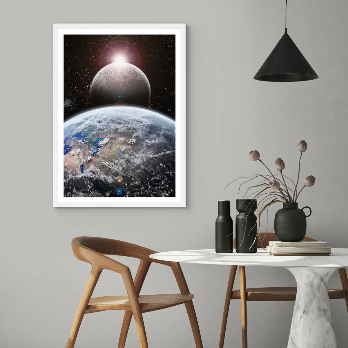 Poster in einem weißen Rahmen - Weltraumlandschaft - Sonnenaufgang - 40x50 cm