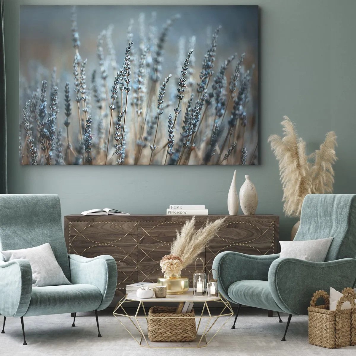 Bild auf Leinwand - Leinwandbild - Lavendel im Feld in dezenten Pastelltönen - 70x50cm - Duftendes Kornfeld - Moderne Wanddekoration für Wohnzimmer und Schlafzimmer ARTTOR