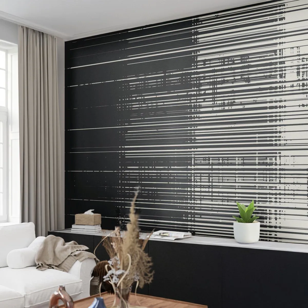 Fototapete Premium Canvas - Wellen und Vibrationen - Schwarz und weiß, Barcodes, Linien - 200x140 cm