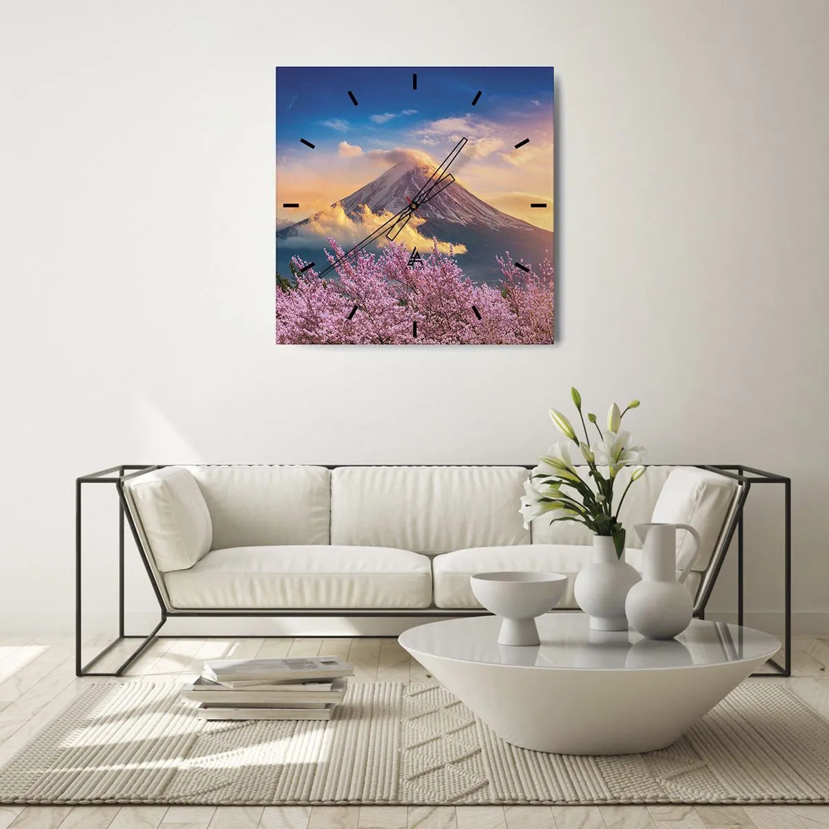 Wanduhr - Glasuhr - Mount Fuji mit Kirschblüten im Hintergrund bei Sonnenuntergang - 30x30cm - Japanische Heiligkeit - Moderne Wanddekoration für Wohnzimmer und Schlafzimmer ARTTOR