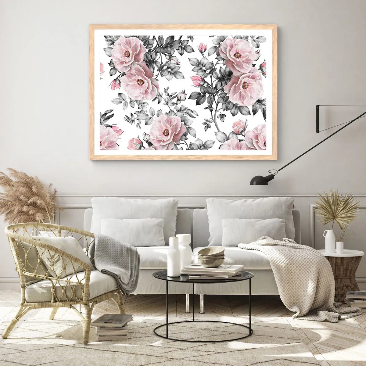 Poster in einem Rahmen aus heller Eiche - Verliere dich in den Blüten der Rosen - 91x61 cm