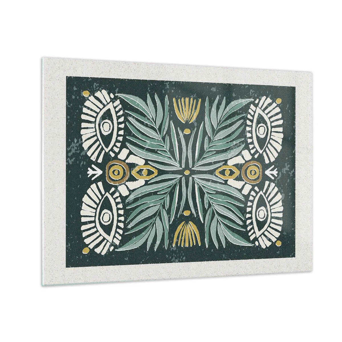 Glasbild - Bild auf glas - Eine symmetrische Komposition aus Blättern und Mustern im Folk-Stil - 70x50cm - Wie ein Volksausschnitt - Moderne Wanddekoration für Wohnzimmer und Schlafzimmer ARTTOR
