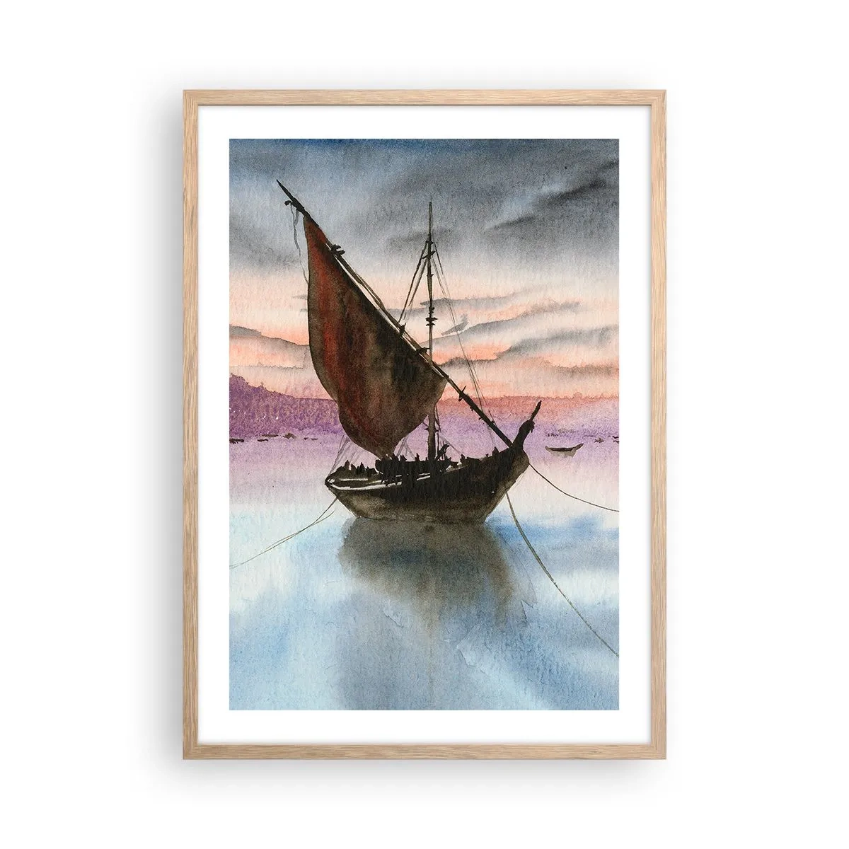 Poster in einem Rahmen aus heller Eiche - Abend am Hafen - 50x70 cm