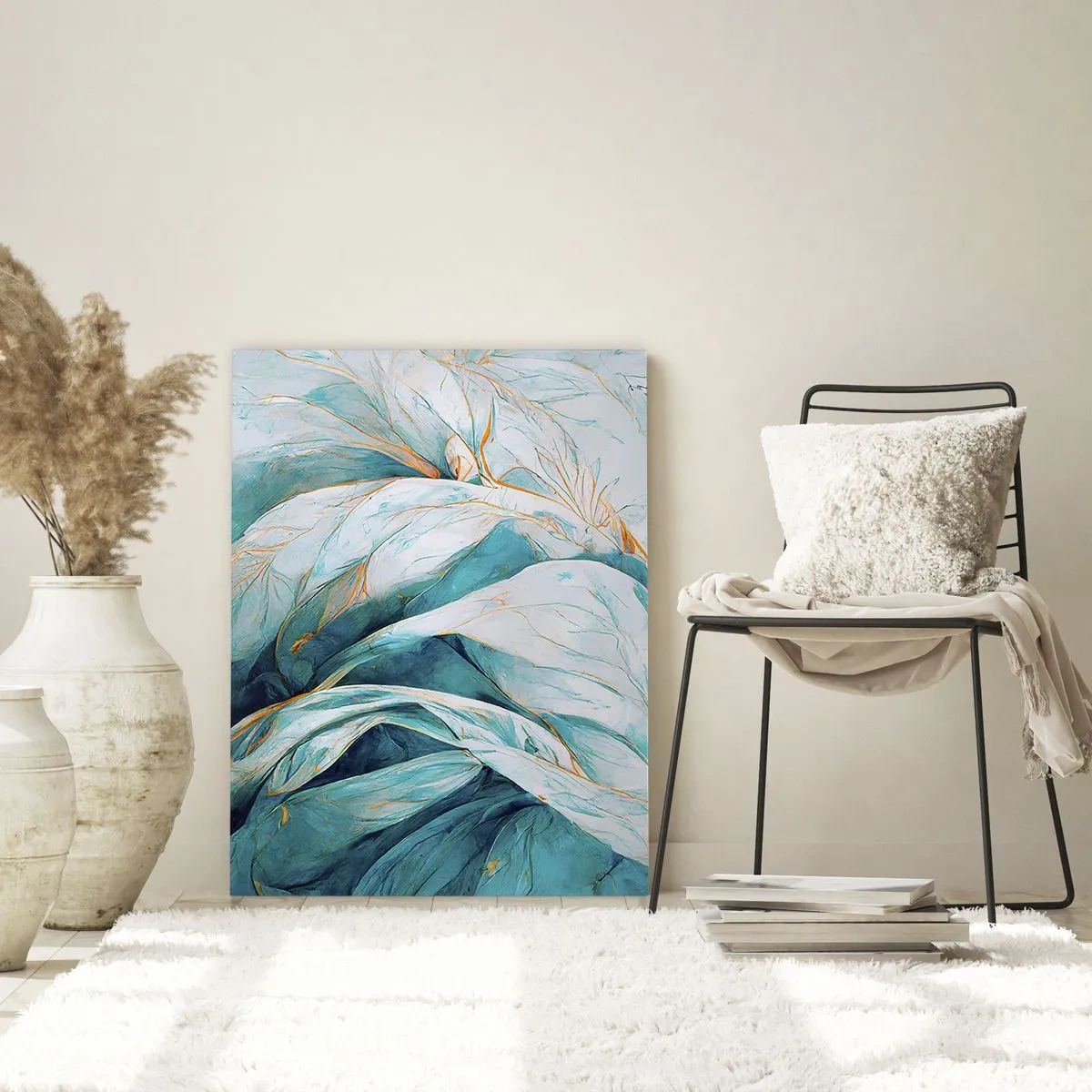 Glasbild - Bild auf glas - Abstrakte blaue Blätter mit goldenen Details - 80x120cm - Blaue Abstraktion mit goldenem Motiv - Moderne Wanddekoration für Wohnzimmer und Schlafzimmer ARTTOR