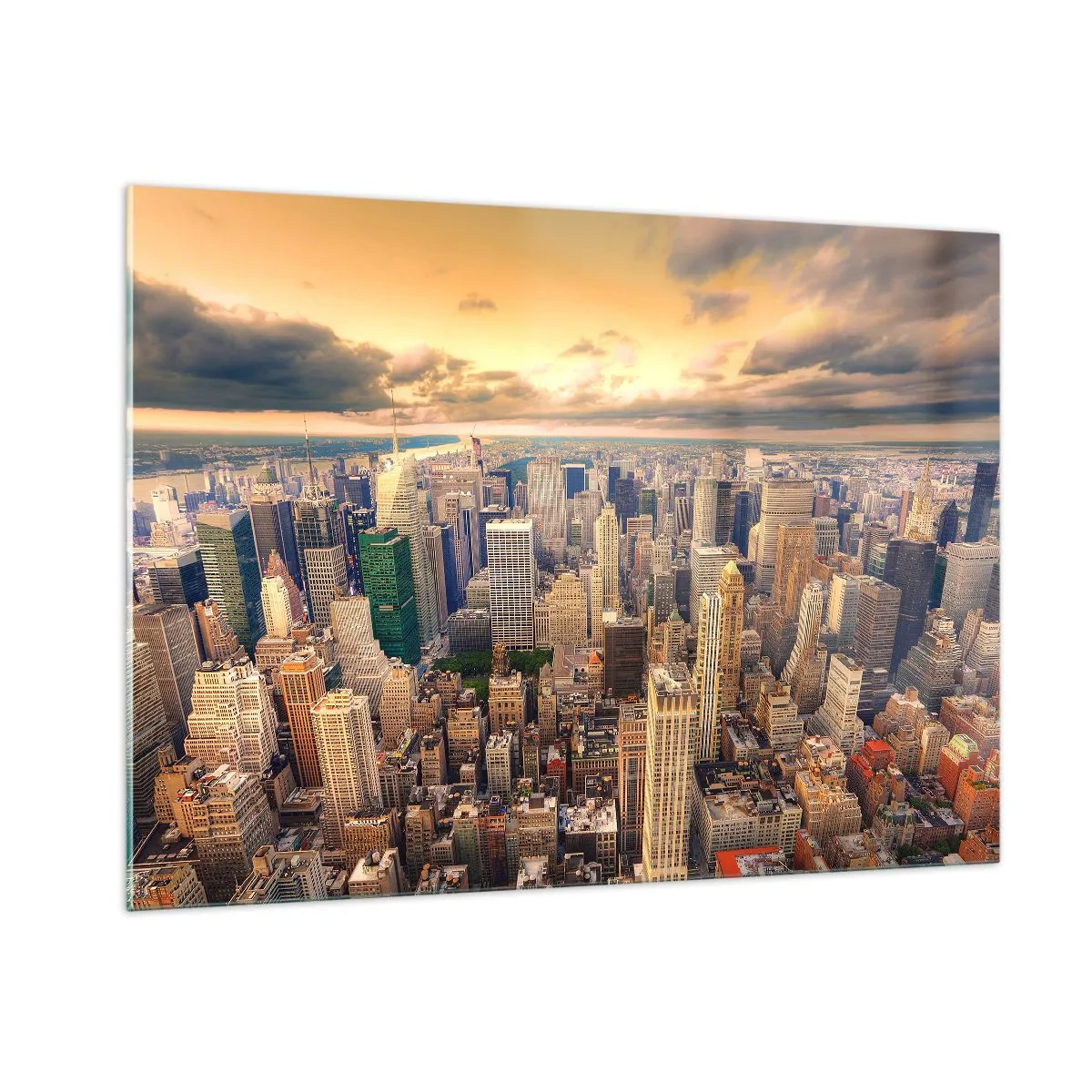 Glasbild - Bild auf glas - Stadtpanorama mit Wolkenkratzern bei Sonnenuntergang - 100x70cm - Vergoldete Metropole - Moderne Wanddekoration für Wohnzimmer und Schlafzimmer ARTTOR