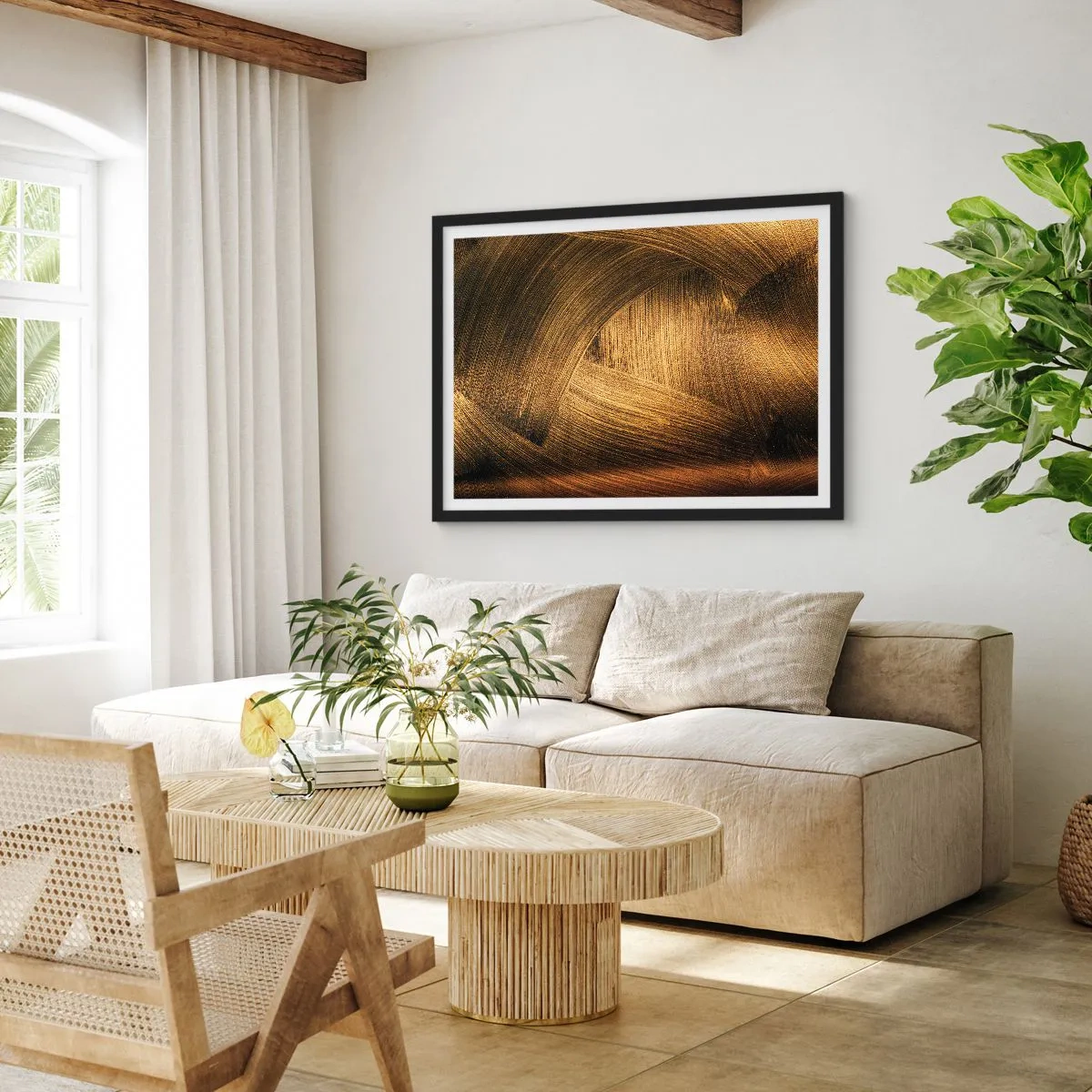 Poster in einem schwarzem Rahmen - Goldene abstrakte Pinselstriche - 100x70cm - In einem goldenen Labyrinth - Moderne Wanddekoration für Wohnzimmer und Schlafzimmer ARTTOR