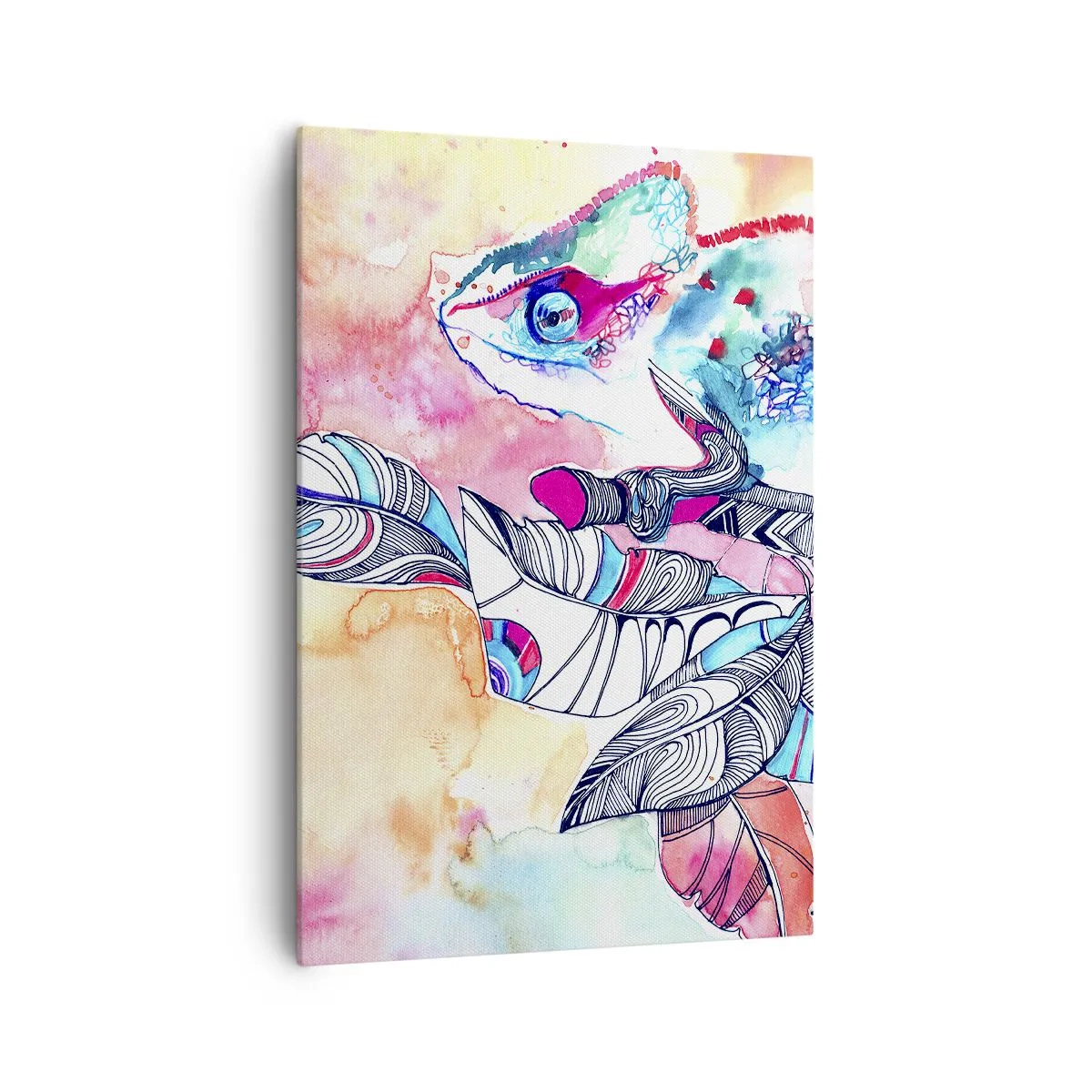 Bild auf Leinwand - Leinwandbild - Buntes Chamäleon auf abstraktem Blätterhintergrund - 70x100cm - So bunt wie unsere Welt - Moderne Wanddekoration für Wohnzimmer und Schlafzimmer ARTTOR