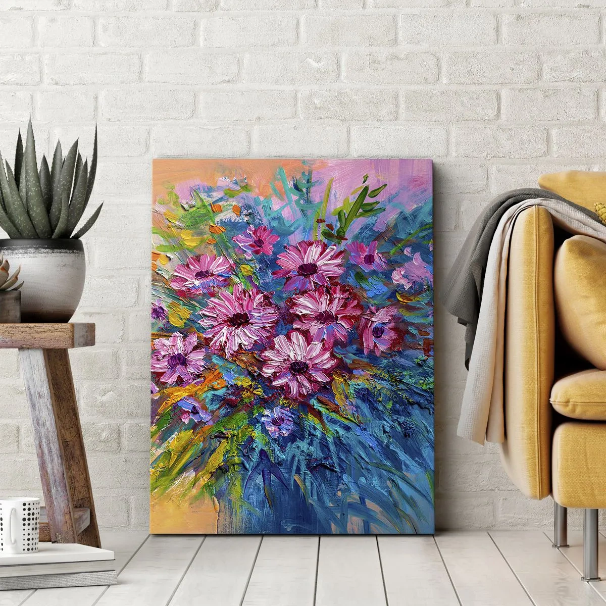Bild auf Leinwand - Leinwandbild - Bunte Blumen in einem Strauß vor pastellfarbenem Hintergrund - 50x70cm - Lebensenergie - Moderne Wanddekoration für Wohnzimmer und Schlafzimmer ARTTOR