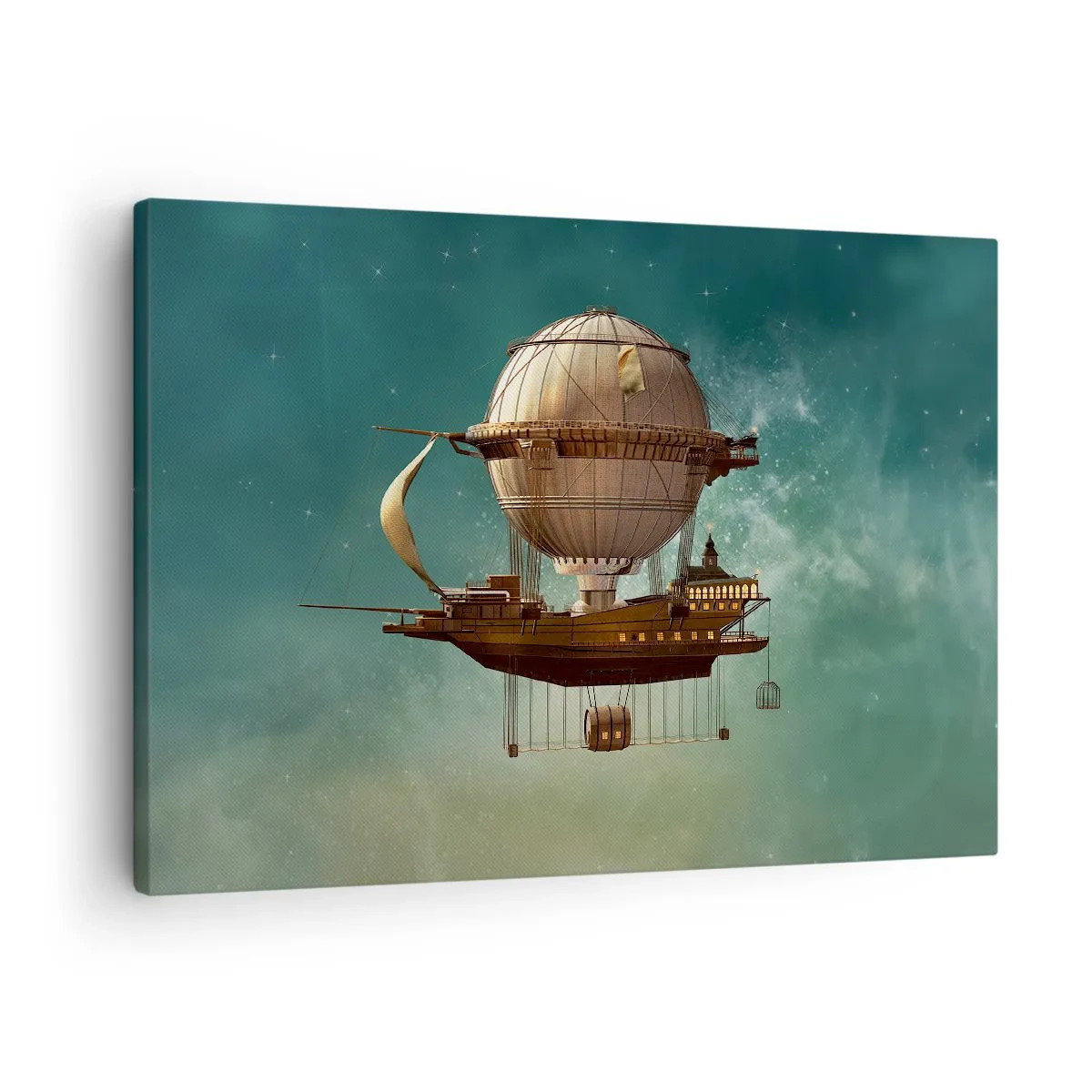 Bild auf Leinwand - Leinwandbild - Ein fantastisches Luftschiff vor dem grünlichen Himmel - 70x50cm - Jules Verne sagt Hallo - Moderne Wanddekoration für Wohnzimmer und Schlafzimmer ARTTOR