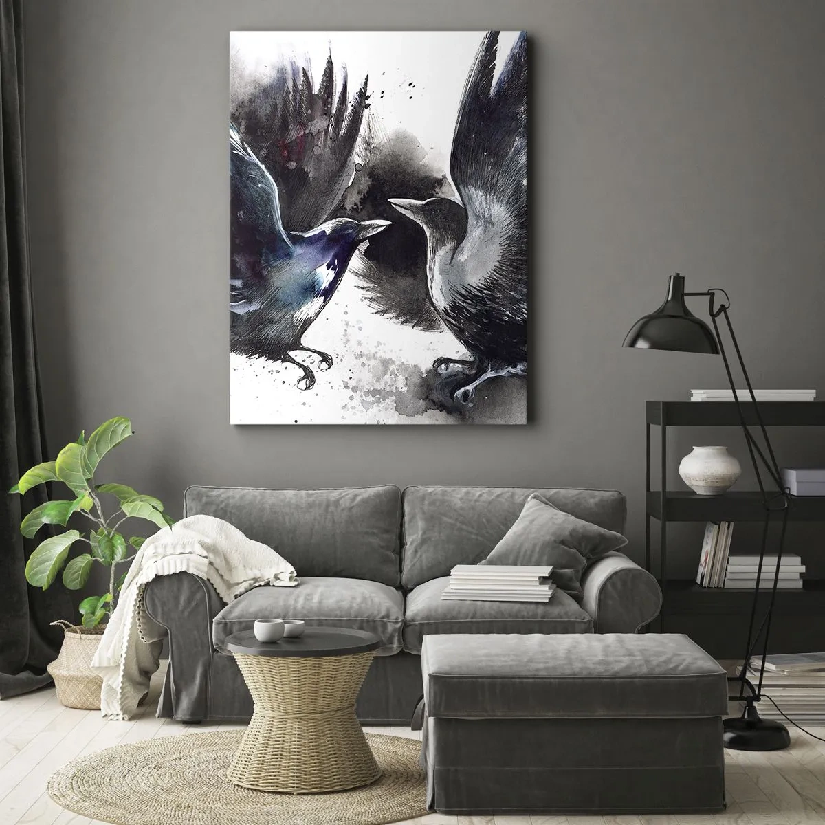 Bild auf Leinwand - Leinwandbild - Künstlerische Raben in einer dynamischen Aquarellkomposition - 50x70cm - Rabe zum Raben ... - Moderne Wanddekoration für Wohnzimmer und Schlafzimmer ARTTOR