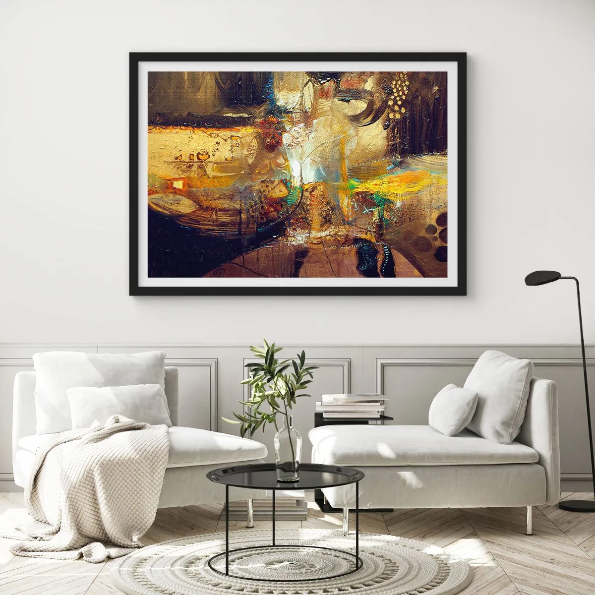 Poster in einem schwarzem Rahmen - Abstraktes Stillleben in warmen Farben - 100x70cm - Kalt, wärmer, heiß - Moderne Wanddekoration für Wohnzimmer und Schlafzimmer ARTTOR