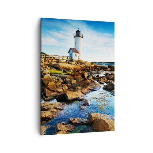 Bild auf Leinwand - Leinwandbild - Ein Leuchtturm an einer felsigen Küste an einem sonnigen Tag - 50x70cm - Komm glücklich zurück, ich warte - Moderne Wanddekoration für Wohnzimmer und Schlafzimmer ARTTOR
