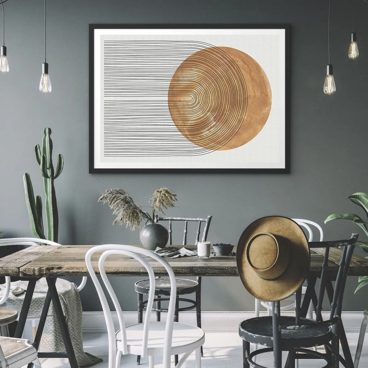 Poster in einem schwarzem Rahmen - Geometrische Komposition mit Kreisen und Linien in warmen Farben. - 100x70cm - SonnenKomposition - Moderne Wanddekoration für Wohnzimmer und Schlafzimmer ARTTOR