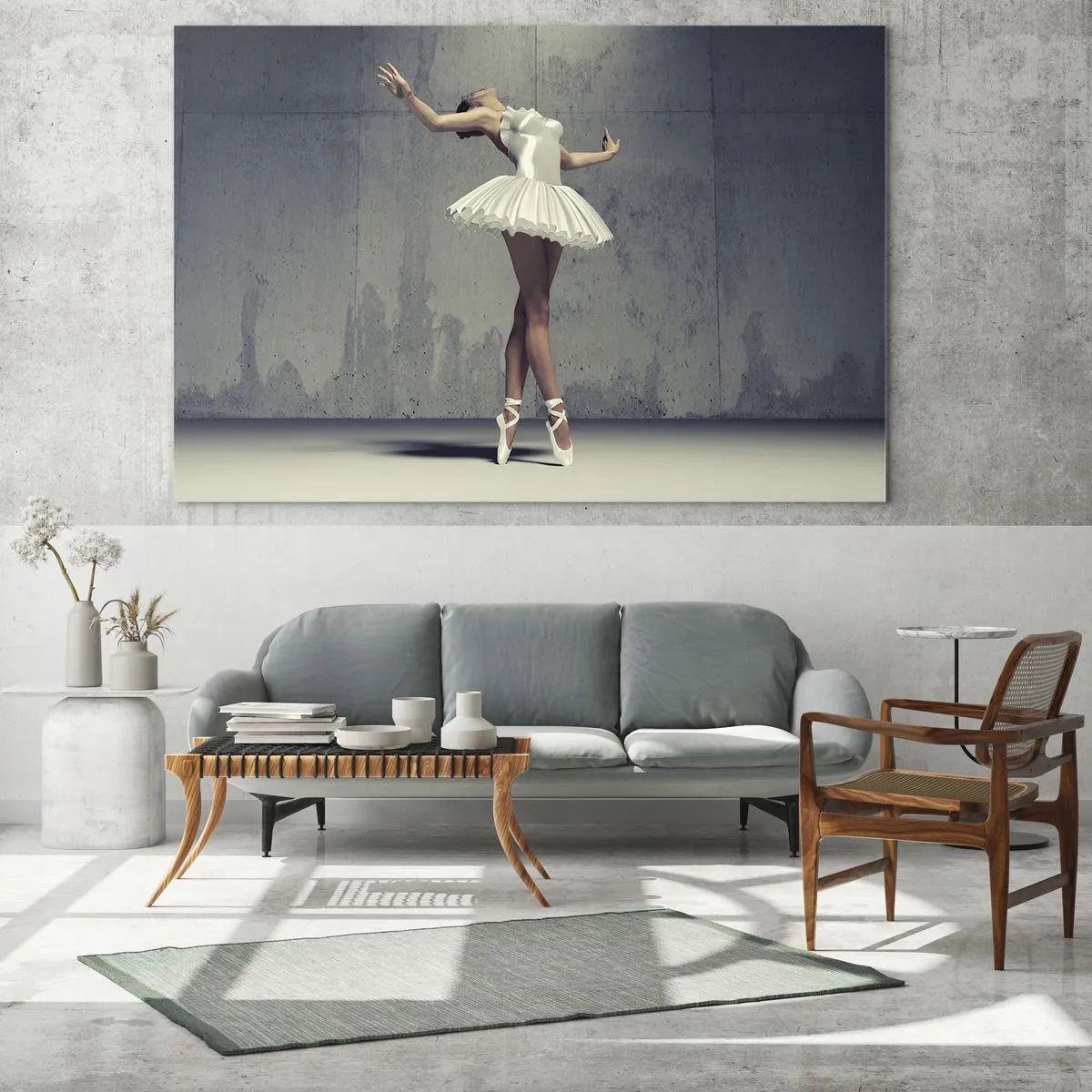 Glasbild - Bild auf glas - Eine Ballerina in einem weißen Kleid vor einer rohen Wand - 100x70cm - Leicht wie ein Vogel - Moderne Wanddekoration für Wohnzimmer und Schlafzimmer ARTTOR