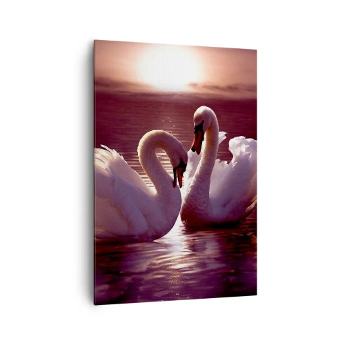 Bild auf Leinwand - Leinwandbild - Zwei Schwäne auf einem ruhigen See bei Sonnenuntergang - 70x100cm - Bis der Tod uns scheidet - Moderne Wanddekoration für Wohnzimmer und Schlafzimmer ARTTOR