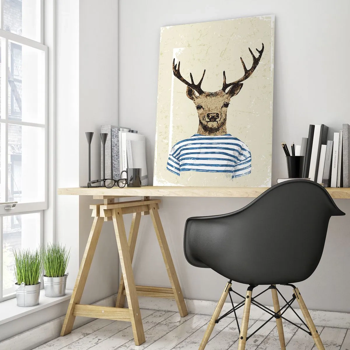 Glasbild - Bild auf glas - Grafik eines Hirsches im Matrosenhemd auf hellem Hintergrund - 50x70cm - Weil ich gestreifte T-Shirts mag! - Moderne Wanddekoration für Wohnzimmer und Schlafzimmer ARTTOR