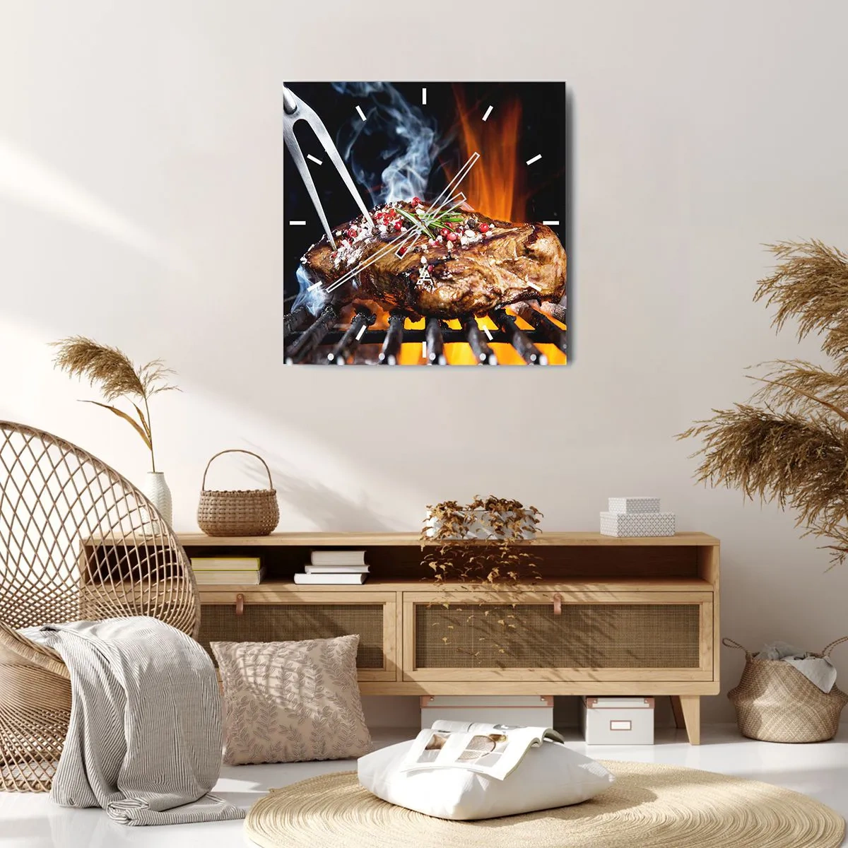 Wanduhr - Glasuhr - Gegrilltes Steak auf einem Grill mit Gewürzen - 30x30cm - Saftig und duftend - Moderne Wanddekoration für Wohnzimmer und Schlafzimmer ARTTOR