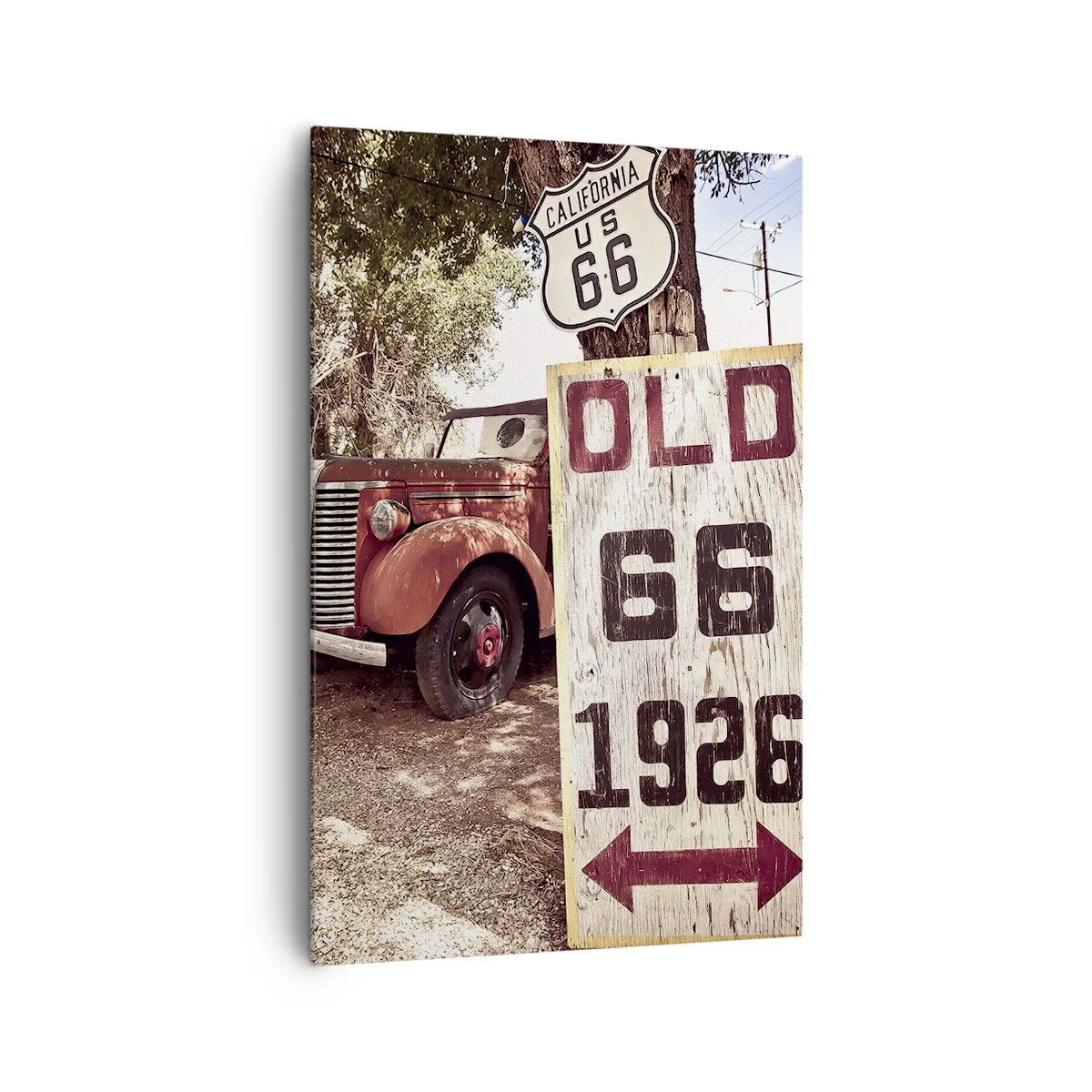 Bild auf Leinwand - Leinwandbild - Retro-Auto und Route 66-Schild in rustikalem Ambiente - 80x120cm - Die Legende der amerikanischen Provinz - Moderne Wanddekoration für Wohnzimmer und Schlafzimmer ARTTOR