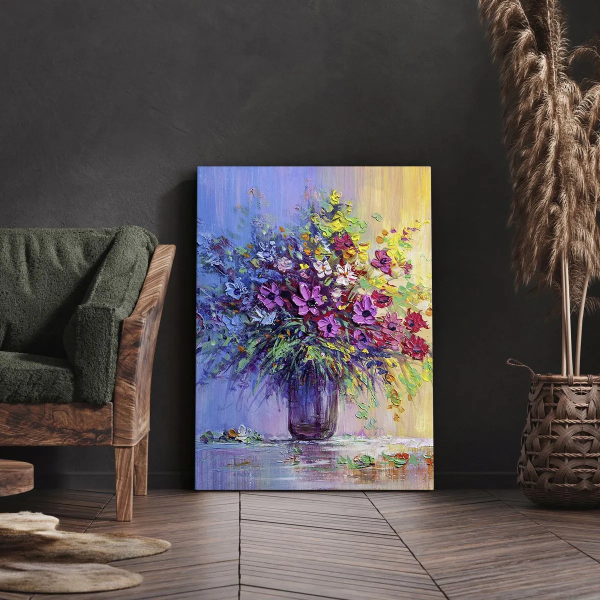 Bild auf Leinwand - Leinwandbild - Ein bunter Blumenstrauß in einer Vase vor einem Hintergrund mit Farbverlauf - 70x100cm - Sommergeschenk der Wiese - Moderne Wanddekoration für Wohnzimmer und Schlafzimmer ARTTOR