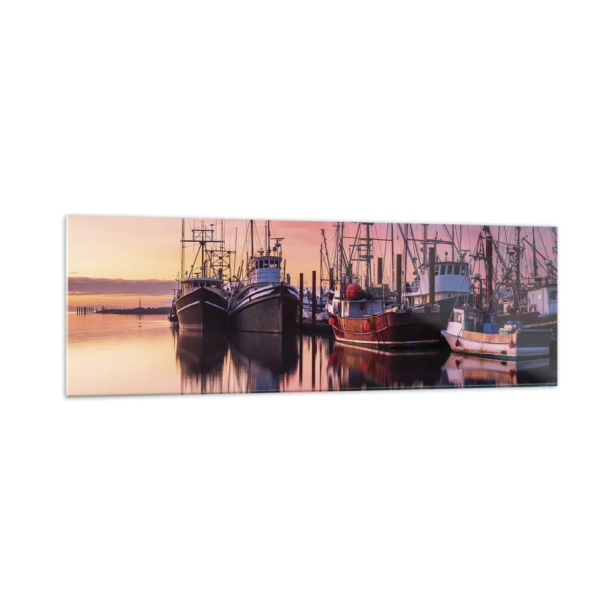 Glasbild - Bild auf glas - Fischerboote im Hafen bei Sonnenuntergang - 160x50cm - Vor dem nächsten Tag - Moderne Wanddekoration für Wohnzimmer und Schlafzimmer ARTTOR