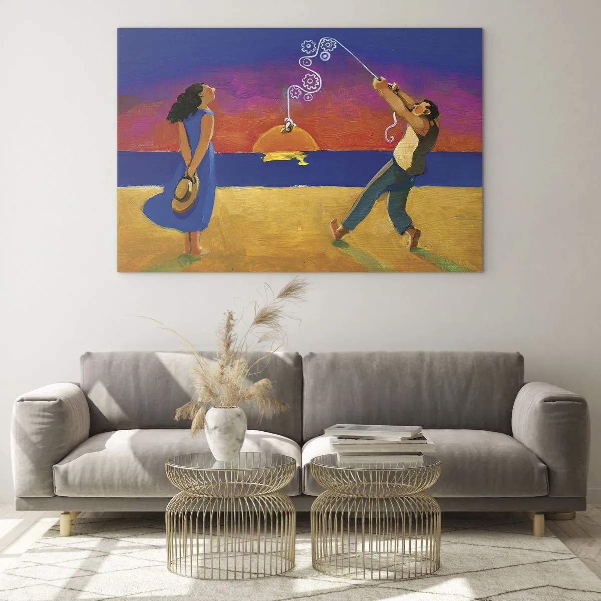 Glasbild - Bild auf glas - Bunte Zusammenfassung eines Paares am Strand bei Sonnenuntergang - 120x80cm - Mehr als ein Sternchen vom Himmel - Moderne Wanddekoration für Wohnzimmer und Schlafzimmer ARTTOR
