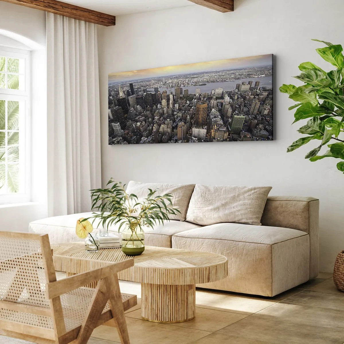 Bild auf Leinwand - Leinwandbild - Blick auf die Metropole mit der untergehenden Sonne - 120x50cm - Das schlagende Herz unserer Zeit - Moderne Wanddekoration für Wohnzimmer und Schlafzimmer ARTTOR
