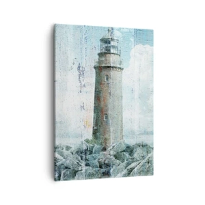 Bild auf Leinwand - Leinwandbild - Ein Leuchtturm an einer felsigen Küste in Pastellfarben - 50x70cm - Auf altem Holz - Moderne Wanddekoration für Wohnzimmer und Schlafzimmer ARTTOR