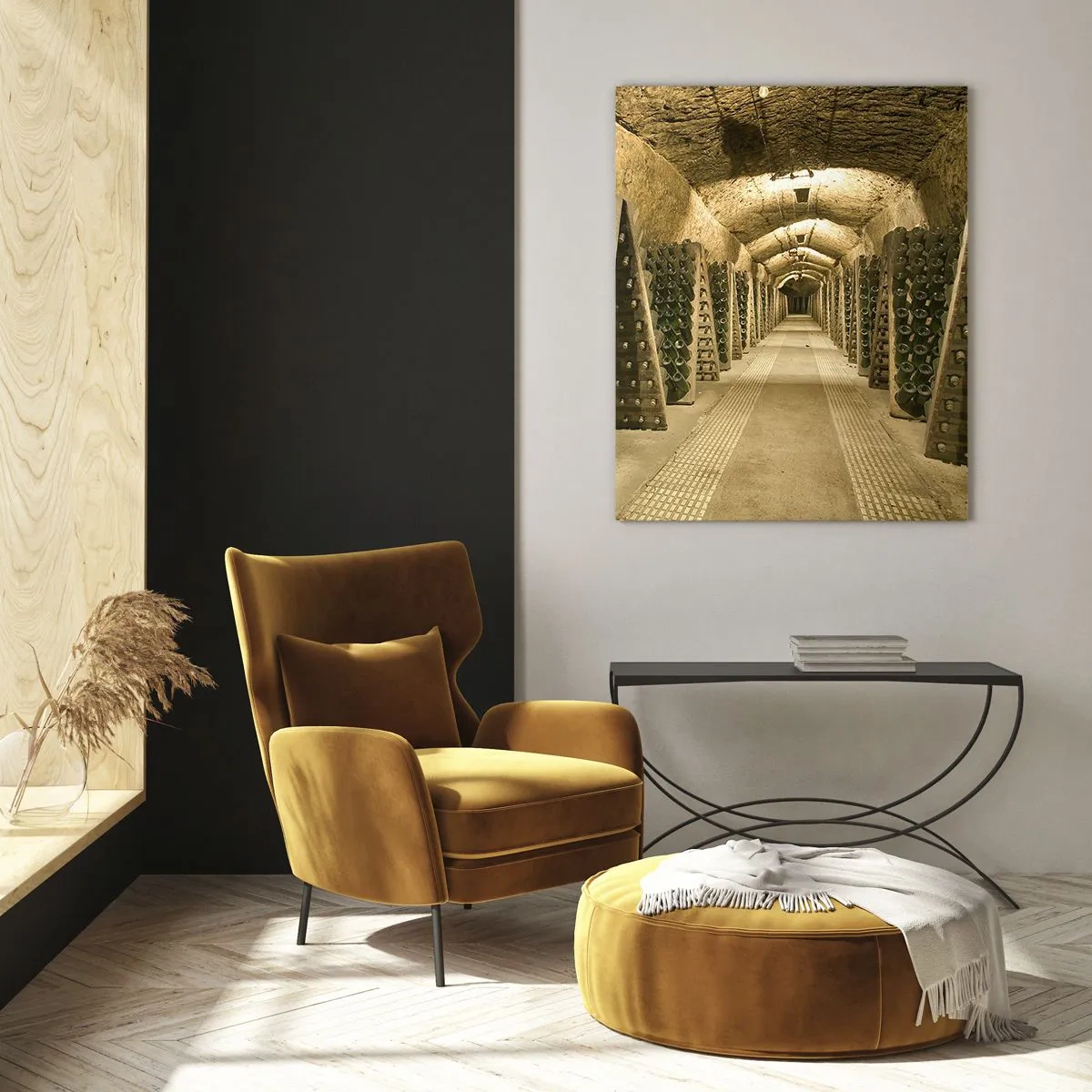 Glasbild - Bild auf glas - Ein Weinberg mit einem Keller voller Weinflaschen, die auf Holzregalen ausgestellt sind. - 80x120cm - Die Geburt des Geschmacks - Moderne Wanddekoration für Wohnzimmer und Schlafzimmer ARTTOR