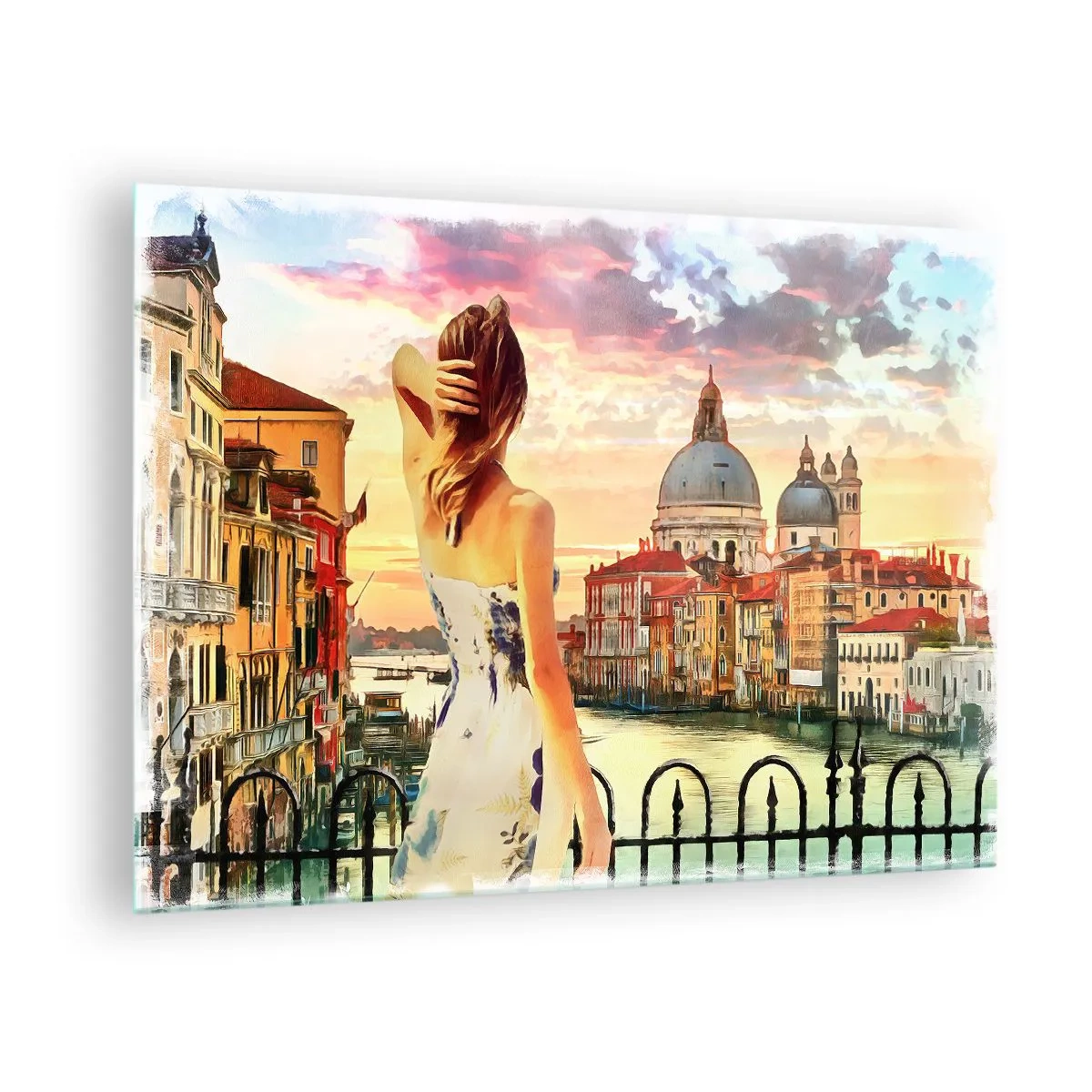 Glasbild - Bild auf glas - Eine Frau bewundert den Blick auf Venedig bei Sonnenuntergang. - 70x50cm - Als Abenteuer nur in ... - Moderne Wanddekoration für Wohnzimmer und Schlafzimmer ARTTOR