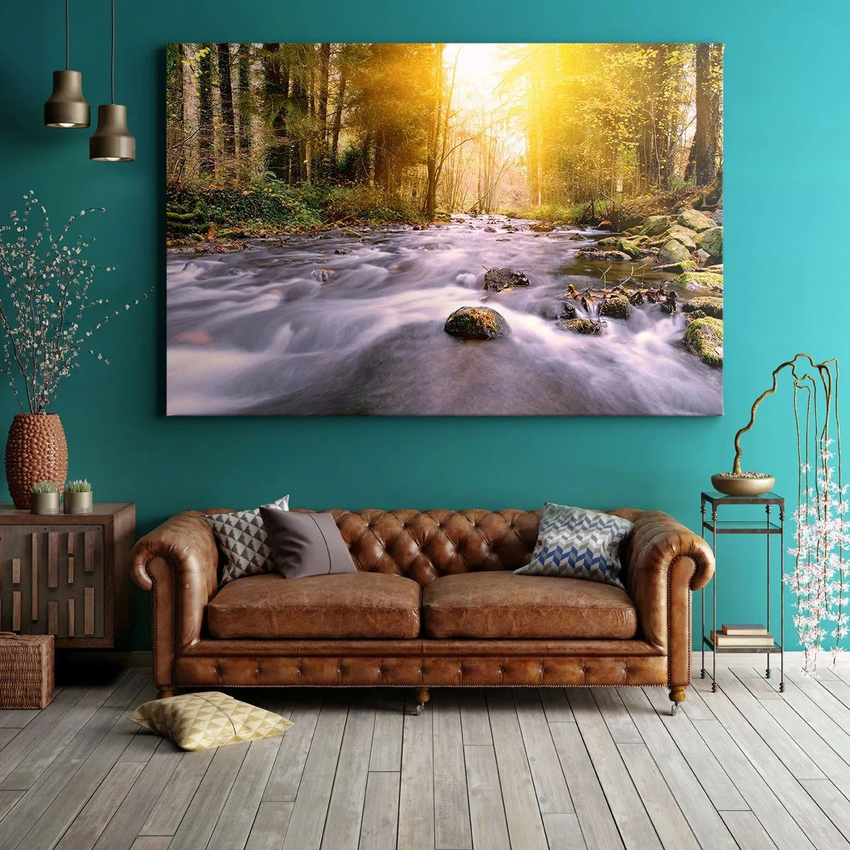 Bild auf Leinwand - Leinwandbild - Ein Waldbach, beleuchtet von den Sonnenstrahlen - 100x70cm - Malachit im Silber- und Goldrahmen - Moderne Wanddekoration für Wohnzimmer und Schlafzimmer ARTTOR