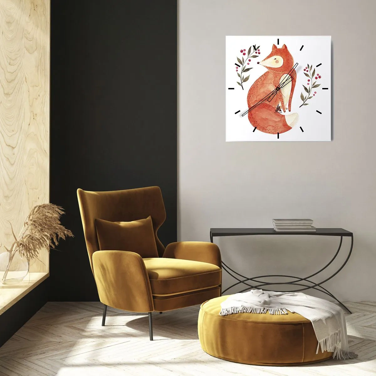 Wanduhr - Glasuhr - Ein Aquarellfuchs, umgeben von Zweigen mit Beeren - 30x30cm - Kleine Rothaarige - Moderne Wanddekoration für Wohnzimmer und Schlafzimmer ARTTOR