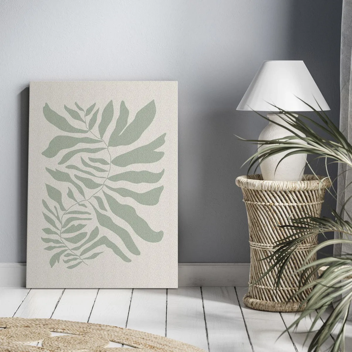 Bild auf Leinwand - Leinwandbild - Ein zartes Zweigmuster mit Blättern in einem Smaragdgrünton - 80x120cm - Smaragdzweig - Moderne Wanddekoration für Wohnzimmer und Schlafzimmer ARTTOR