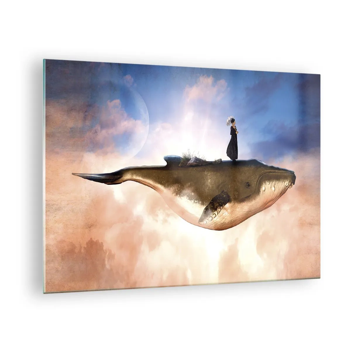 Glasbild - Bild auf glas - Ein Fantasiewal, der mit einer Frau auf seinem Rücken in den Wolken schwebt. - 70x50cm - Eine echte Reise - Moderne Wanddekoration für Wohnzimmer und Schlafzimmer ARTTOR