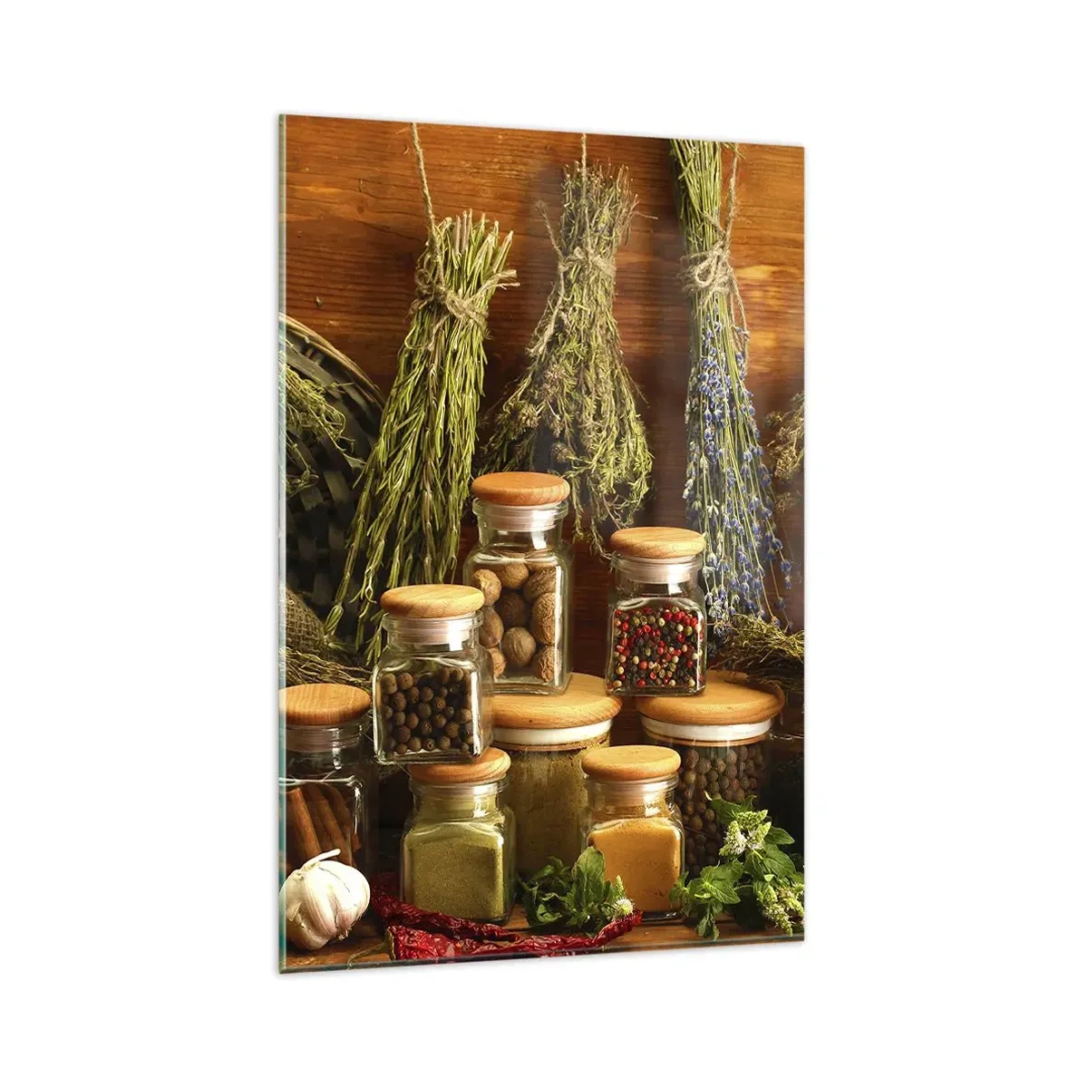 Glasbild - Bild auf glas - Kräuter und Gewürze in Gläsern auf rustikalem Hintergrund - 80x120cm - Küchenzauber - Moderne Wanddekoration für Wohnzimmer und Schlafzimmer ARTTOR