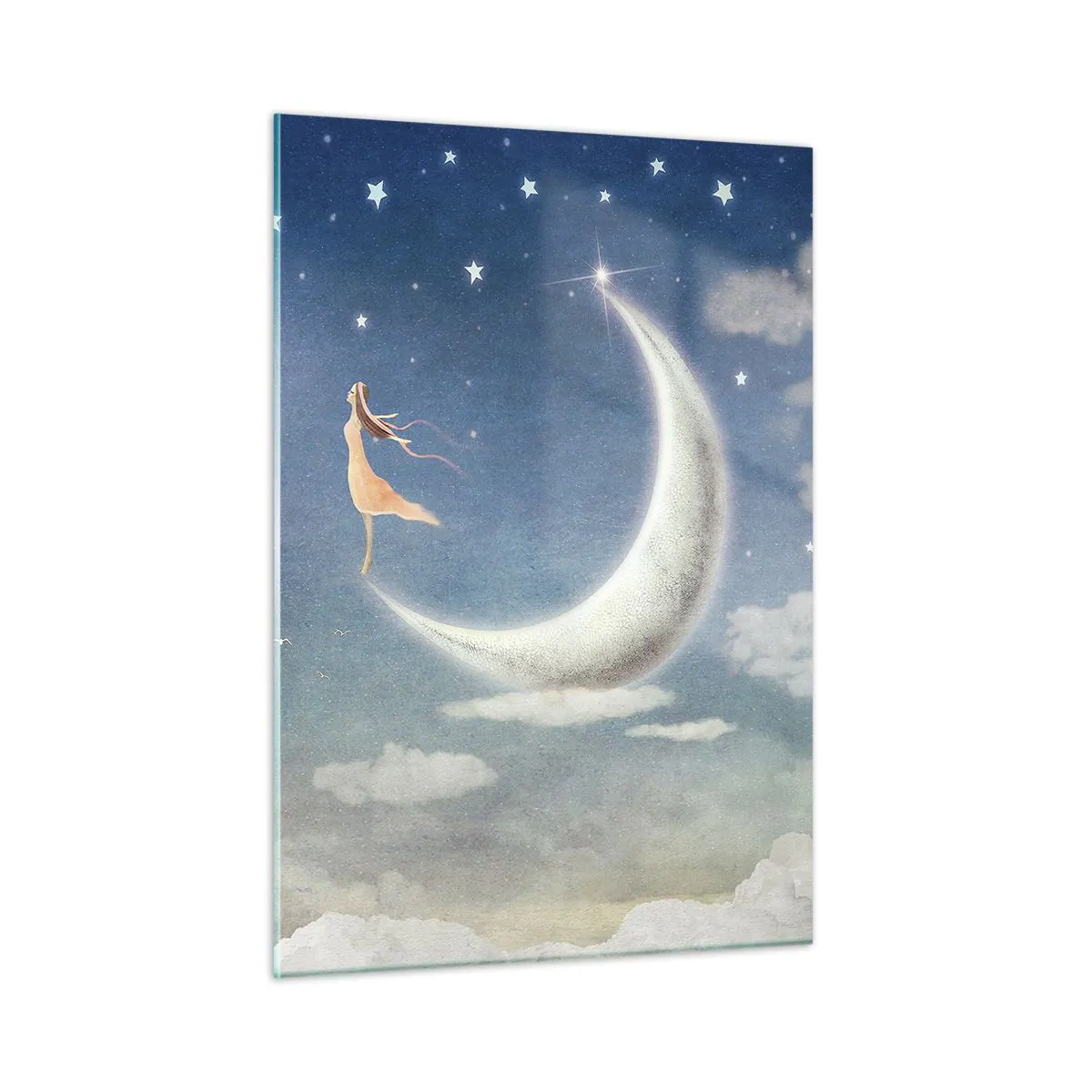 Glasbild - Bild auf glas - Eine Frau in einem wallenden Kleid steht auf dem Mond in einem Sternenhimmel. - 50x70cm - Blauer Freier - Moderne Wanddekoration für Wohnzimmer und Schlafzimmer ARTTOR
