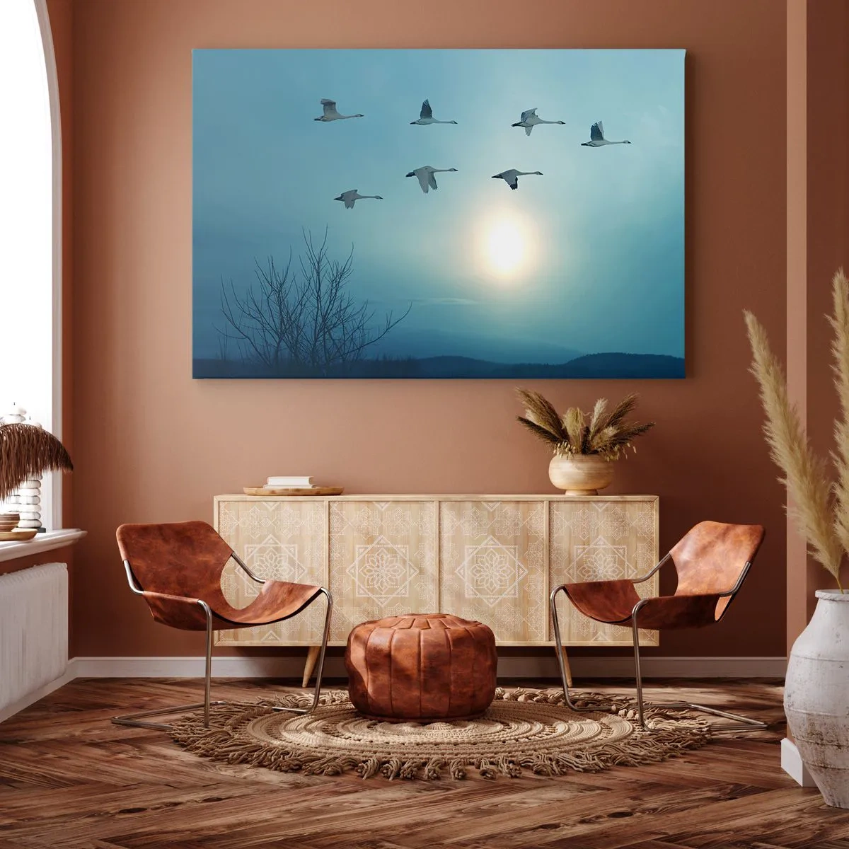 Bild auf Leinwand - Leinwandbild - Fliegende Schwäne am Morgen - 70x50cm - Auf Wiedersehen Sommer für ein Jahr - Moderne Wanddekoration für Wohnzimmer und Schlafzimmer ARTTOR