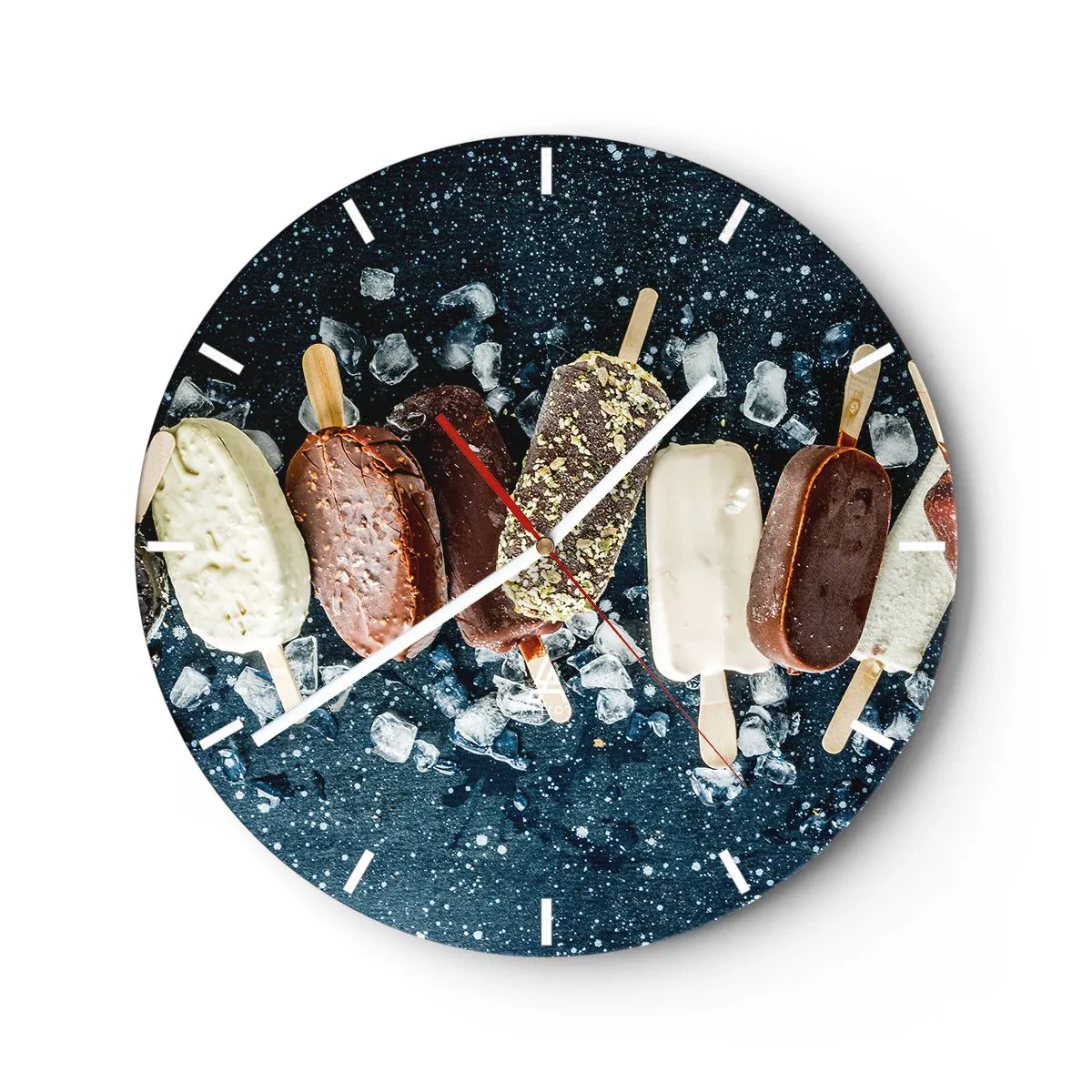 Wanduhr - Glasuhr - Schokoladen- und Vanilleeis am Stiel mit Eiscreme im Hintergrund - 30x30cm - Geschmack des heißen Sommers - Moderne Wanddekoration für Wohnzimmer, Küche und Schlafzimmer ARTTOR