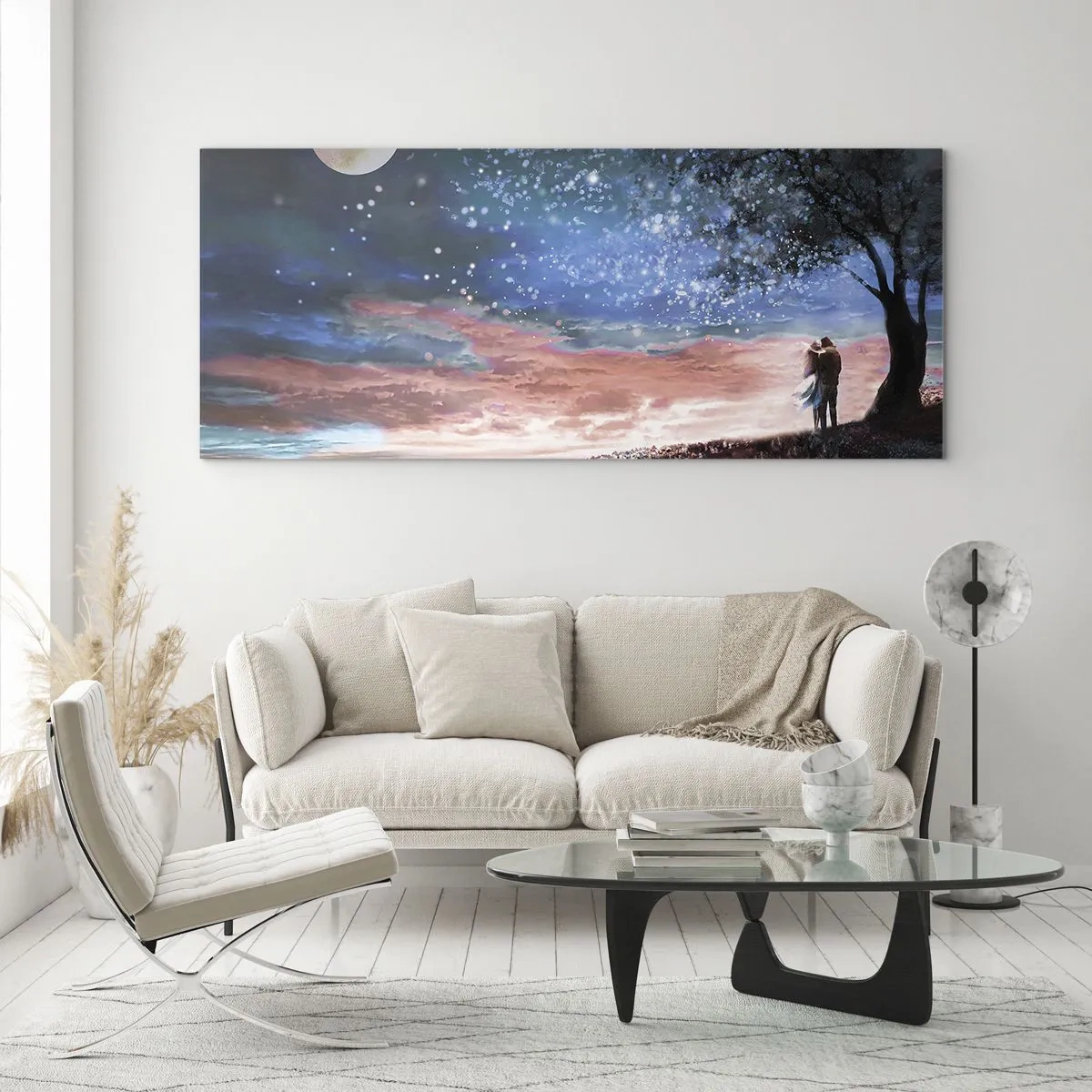 Glasbild - Bild auf glas - Romantische Paarszene unter Vollmond - 140x50cm - Ein sternenklares Spektakel - Moderne Wanddekoration für Wohnzimmer und Schlafzimmer ARTTOR